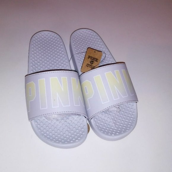 Victoria Secret PINK Slides Size Small 5 6 Gray Yellow Logo Slip On New With Tag - Picture 1 of 7